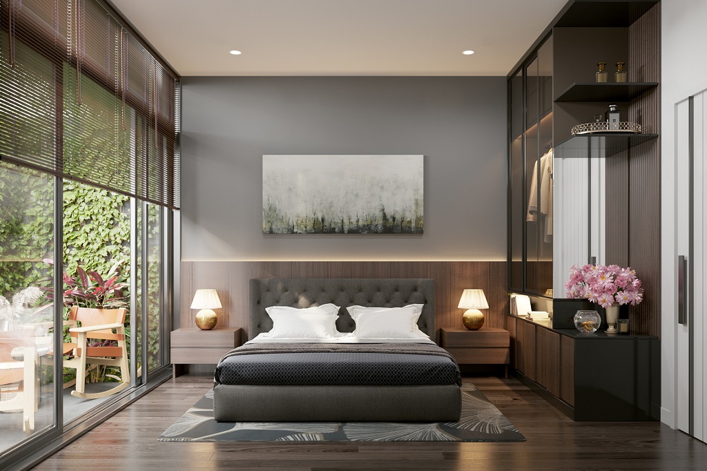 Nội thất phòng ngủ nổi bật với khung cửa kính lớn giúp lấy sáng tự nhiên, mang đến không gian thư giãn và nghỉ dưỡng hoàn hảo.