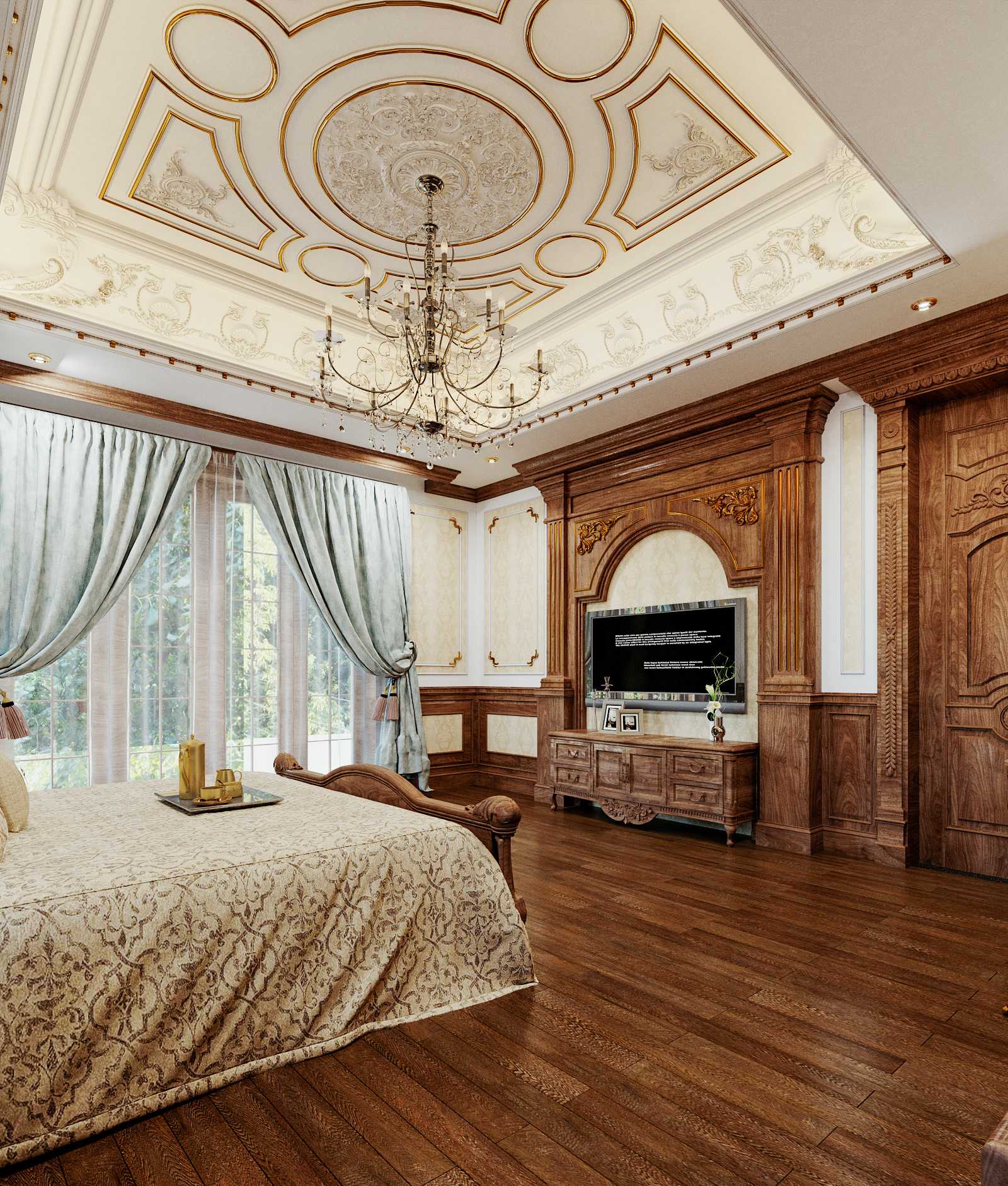 Trần phòng ngủ được thiết kế nổi bật với các họa tiết hoa văn tinh tế