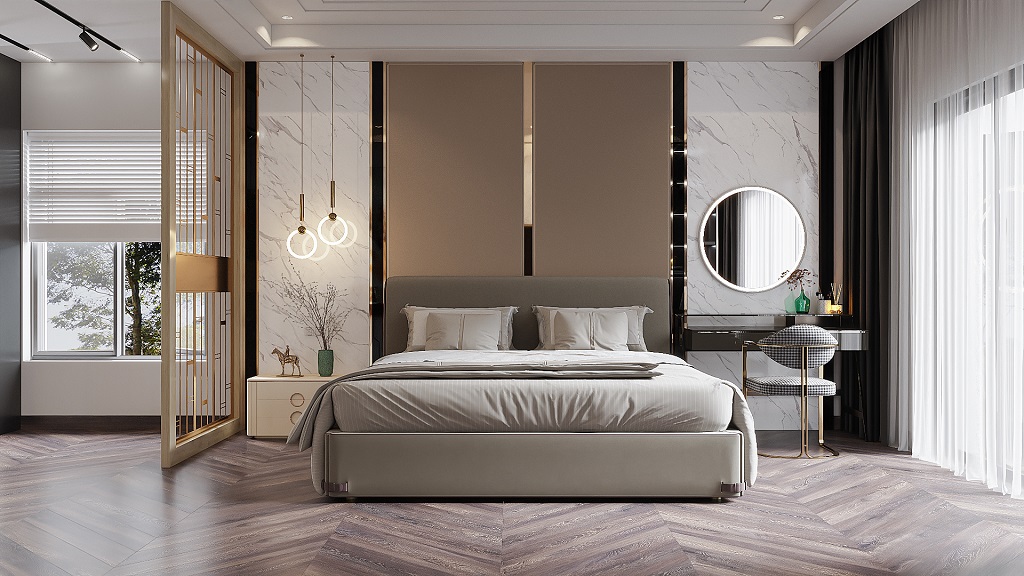 Không gian phòng ngủ master được thiết kế với sự thông thoáng và thoải mái