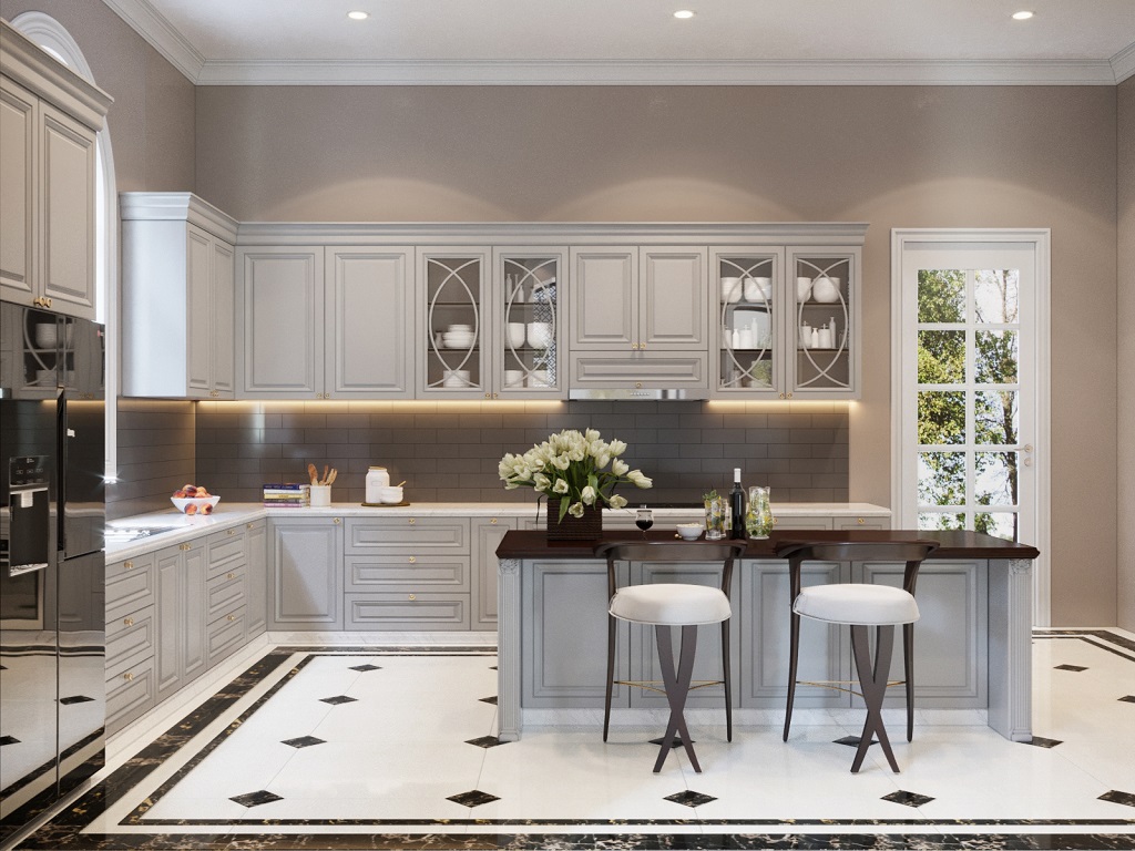 Thiết kế nội thất phòng bếp với tone màu ghi nhã nhặn & tiện nghi