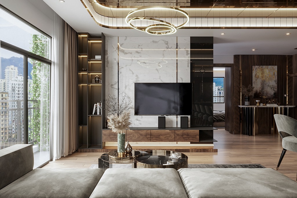 Phòng khách mẫu thiết kế nội thất chung cư với tone màu trung tính nhẹ nhàng
