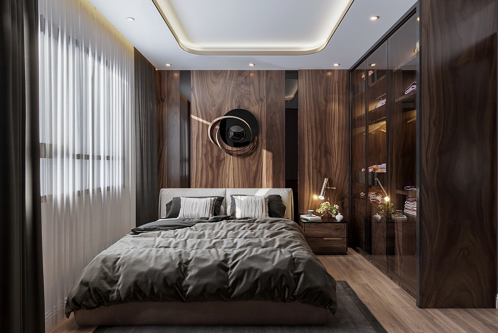 Thiết kế nội thất phòng ngủ master nổi bật với tone màu trầm ấm