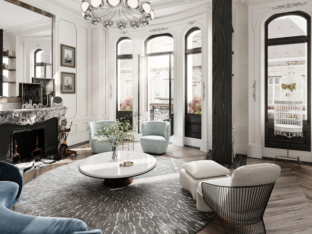 Phong khách nội thất tân cổ điển cho căn hộ nổi bật với tone màu trắng sang trọng và thanh lịch