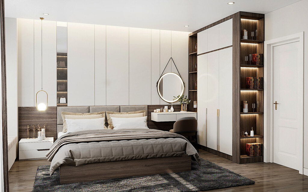 Phòng ngủ master được sử dụng với gam màu trắng nhẹ nhàng & sang trọng