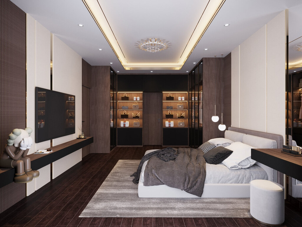 Không gian phòng ngủ master trong mẫu biệt thự hiện đại 3 tầng sang trọng với gam màu trung tính nhẹ nhàng
