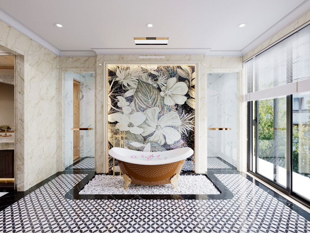 Không gian bồn tắm được thiết kế nổi bật với phần tranh treo