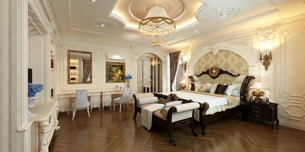 Giường tủ phòng ngủ tân cổ điển từ gỗ sồi Nga