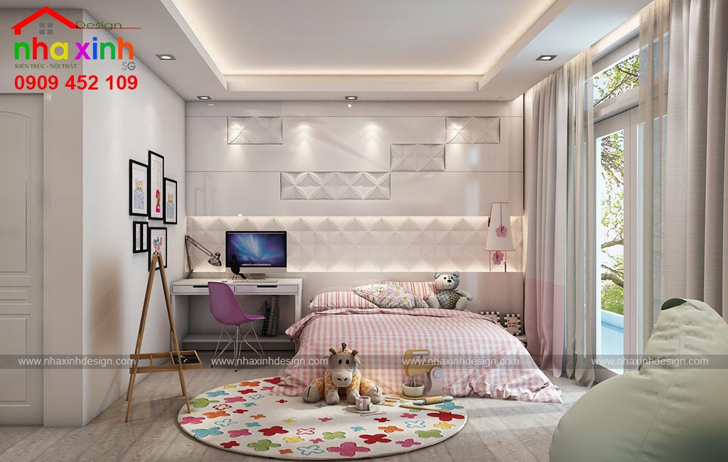 Phòng ngủ con gái được thiết kế với gam màu hồng trẻ trung sinh động
