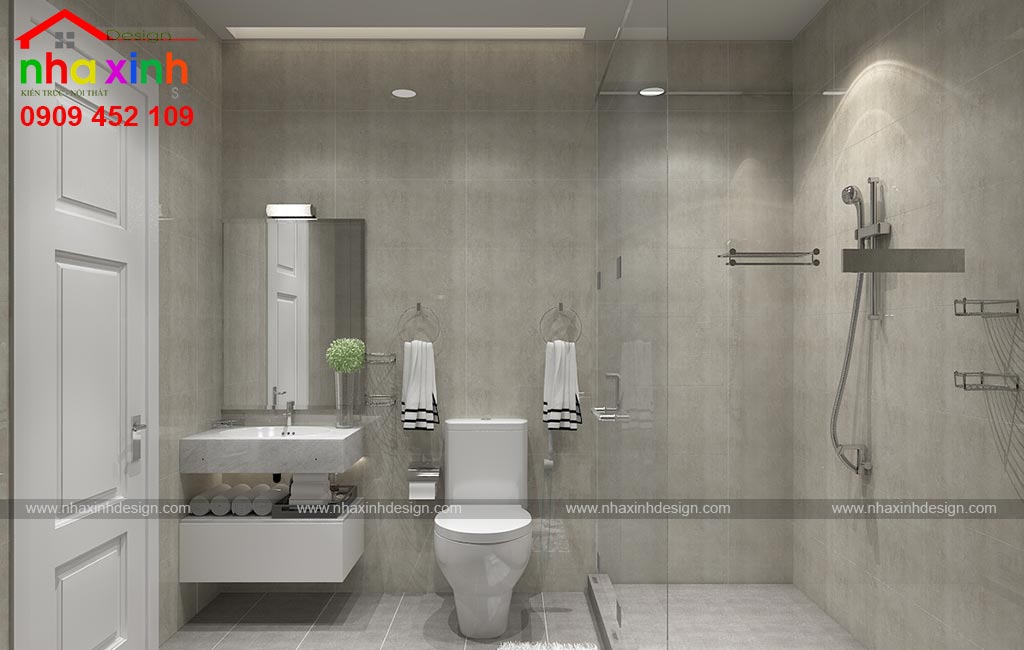 Không gian phòng tắm được thiết kế với tone màu thanh lịch