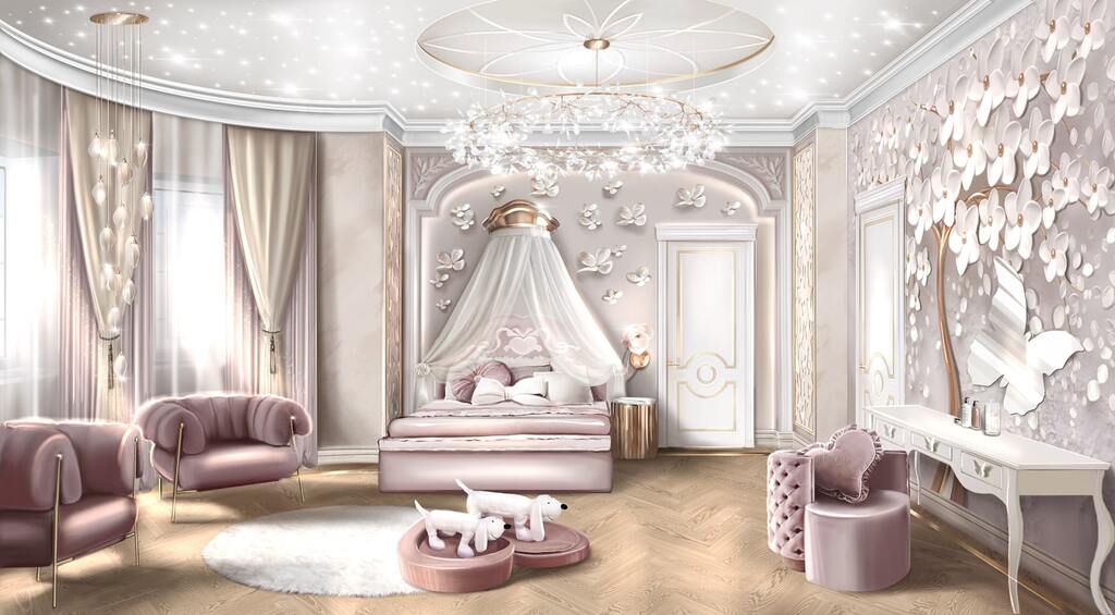 Phòng ngủ tân cổ điển siêu sang trọng với màu hồng 