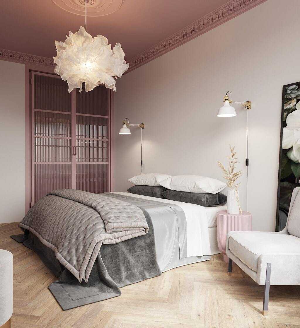 Mix & match phòng ngủ màu hồng với màu trắng