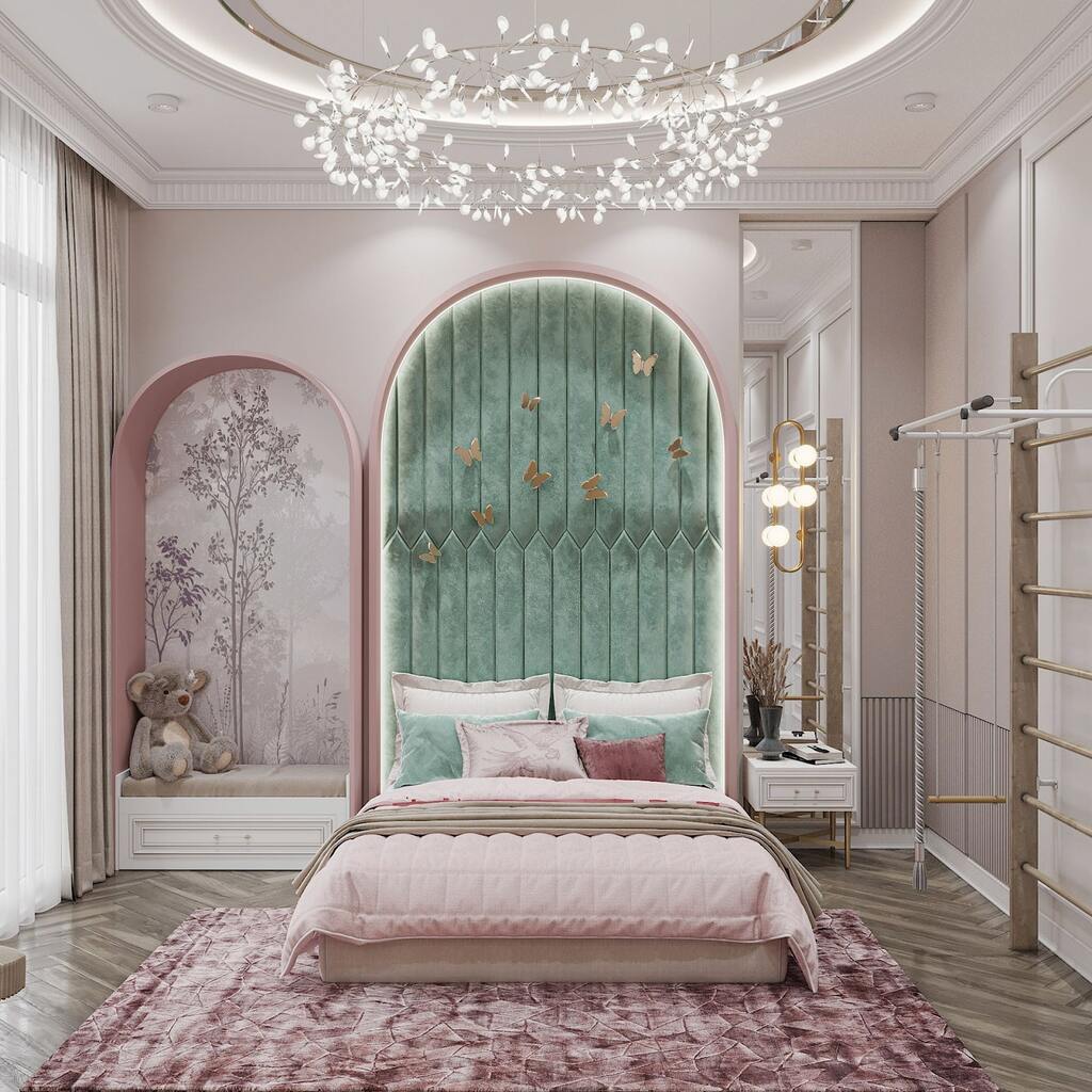 Thiết kế phòng ngủ tân cổ điển màu hồng kết hợp với màu xanh