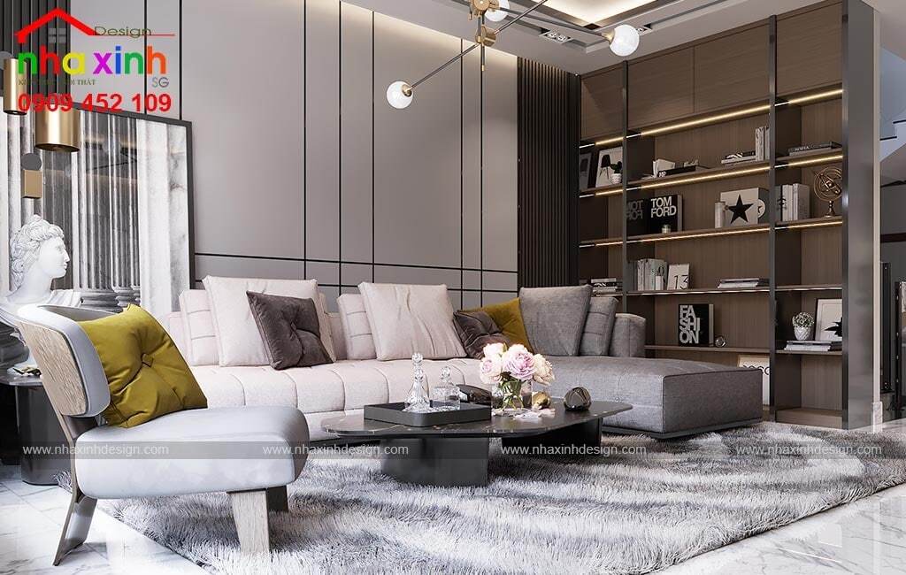 Không gian phòng khách trang nhã, hiện đại màu trắng chủ đạo cùng đồ nội thất thiết kế đơn giản