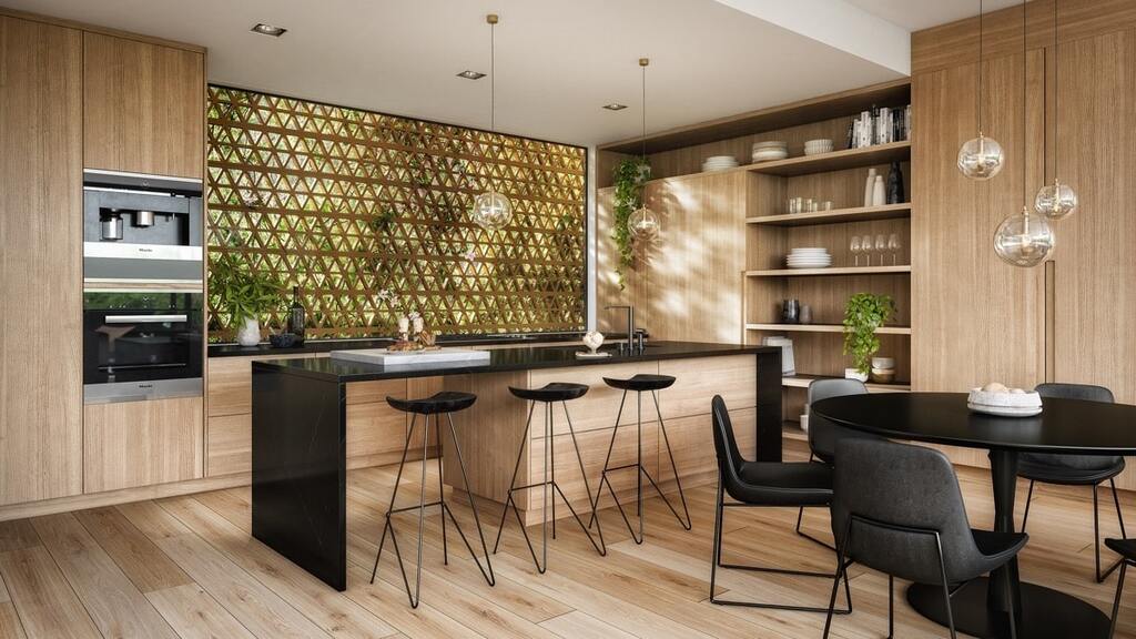 Thiết kế nội thất phòng bếp bằng gỗ cho nhà phố hiện đại