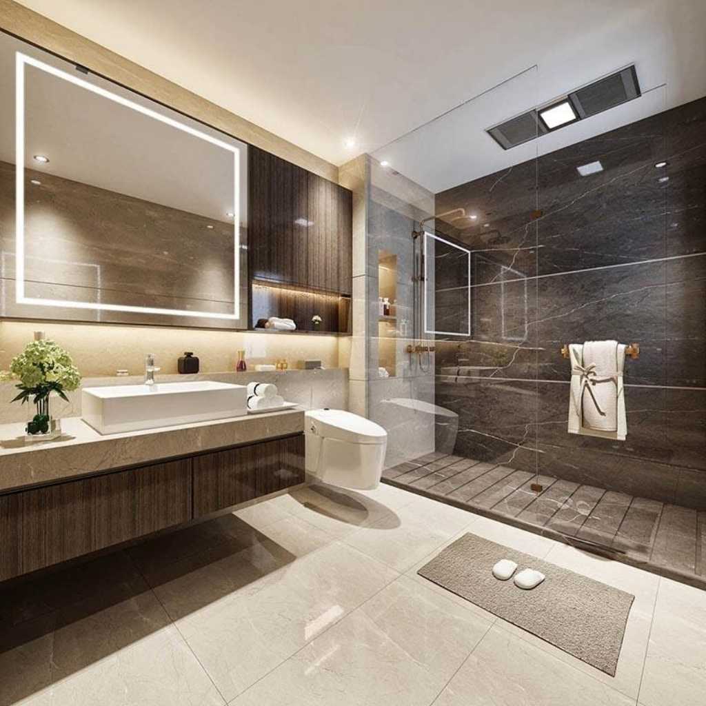 Gỗ và lát đá hoa là chất liệu thường thấy ở phòng tắm kiểu Nhật hiện đại 