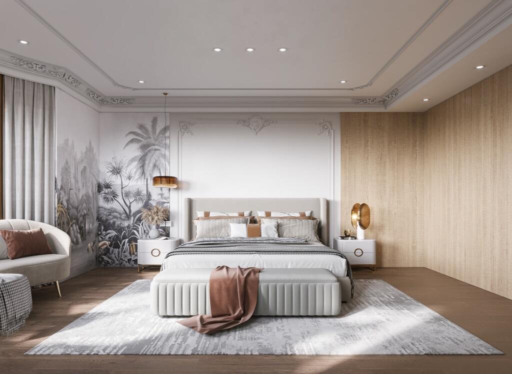 Phòng ngủ chính tông màu gỗ phong cách tân cổ điển