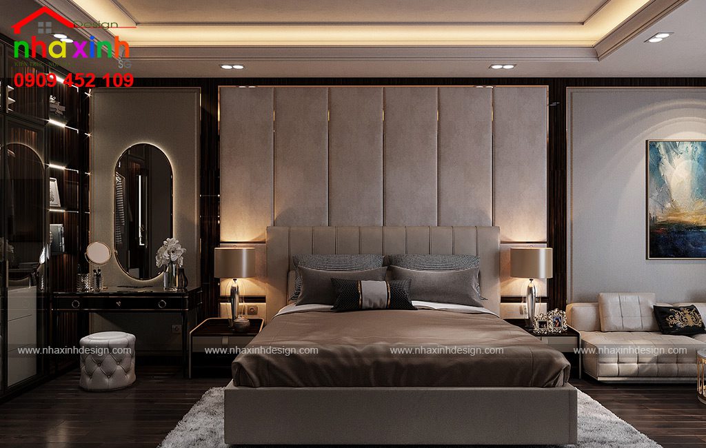 Phòng ngủ master sử dụng gam màu trung tính mang đến cảm giác sang trọng nhưng ấm cùng