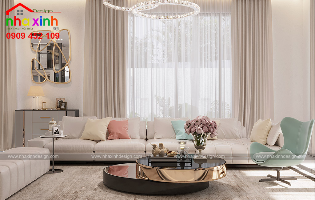 Thiết kế nội thất phòng khách hiện đại sử dụng gam màu trung tính trang nhã