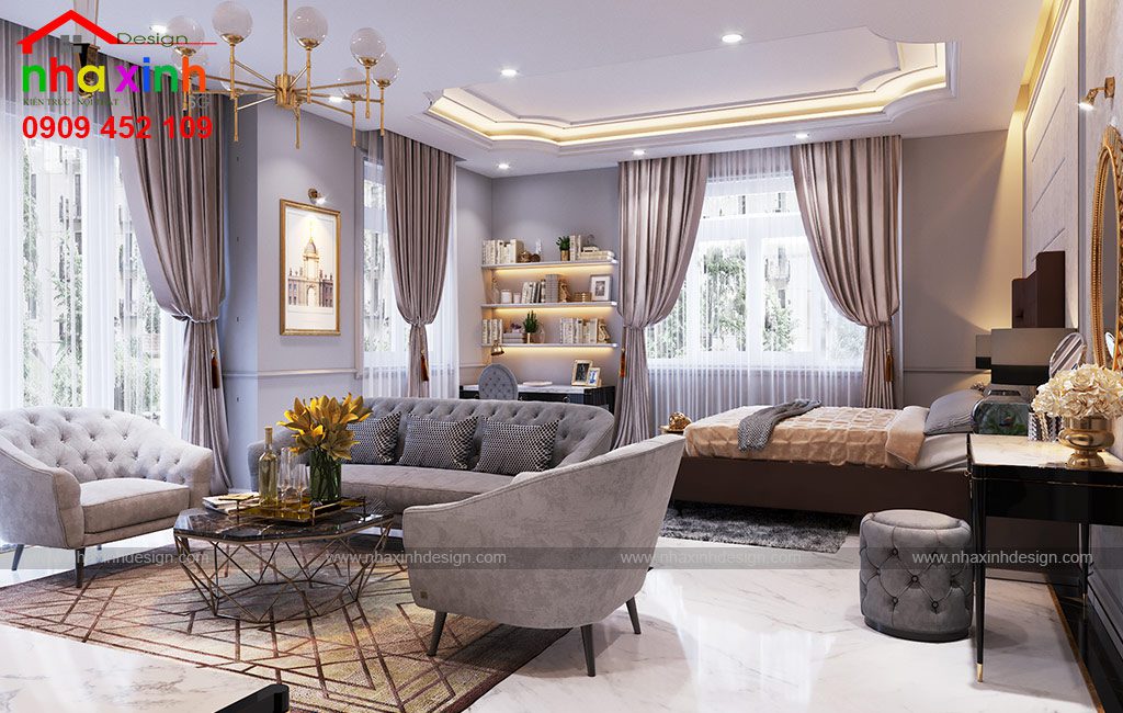 Không gian phòng ngủ được thiết kế kết hợp bộ ghế sofa với tông màu xám đẹp mắt