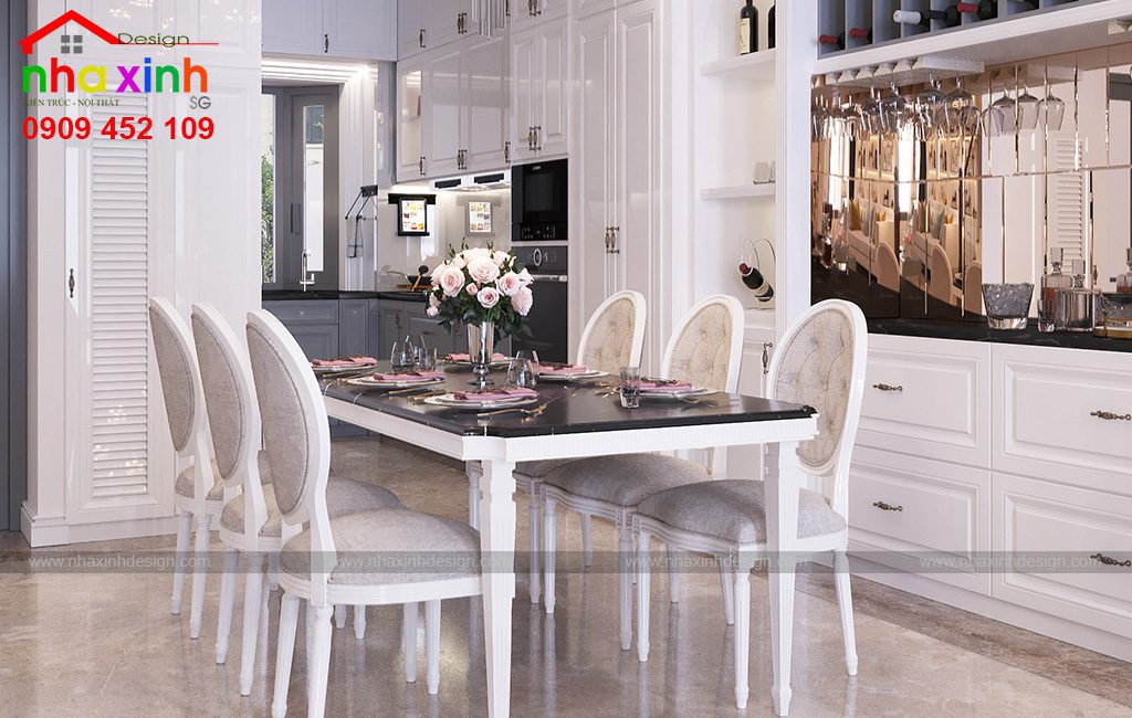 Bộ bàn ăn với gam màu trắng tinh khôi với thiết kế mang đậm phong cách Châu Âu