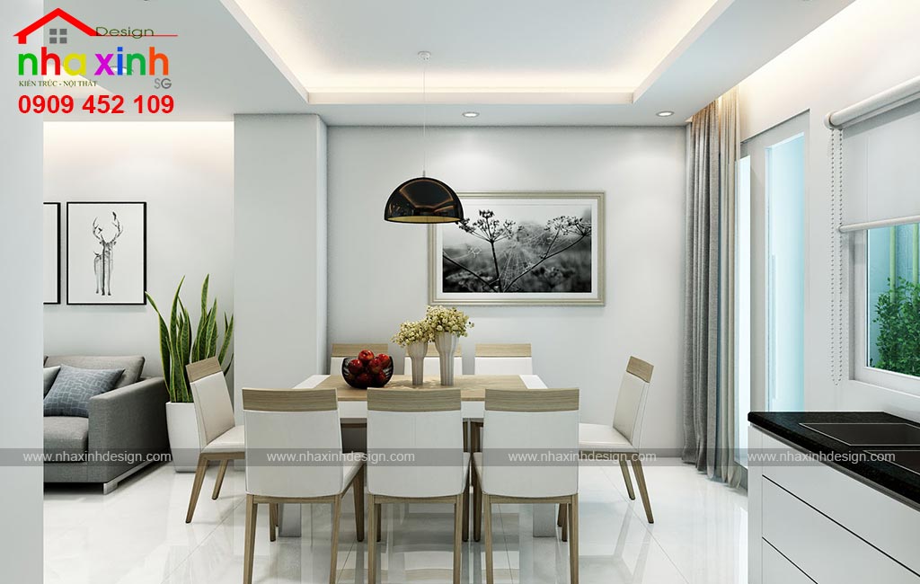 Thiết kế nội thất tại thành phố thủ đức với bàn ăn màu trắng và nâu gỗ kết hợp, đơn giản, tinh tế