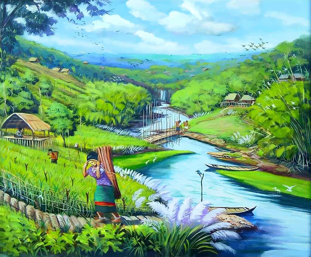 Bức tranh nghệ thuật làm sống lại những ký ức tuổi thơ với phong cảnh tuyệt đẹp về sông hồ nước chảy 