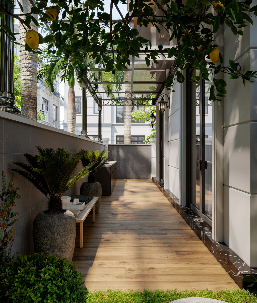 Không gian sân vườn của mẫu biệt thự tân cổ điển với thiết kế cây xanh thoáng mát view 5