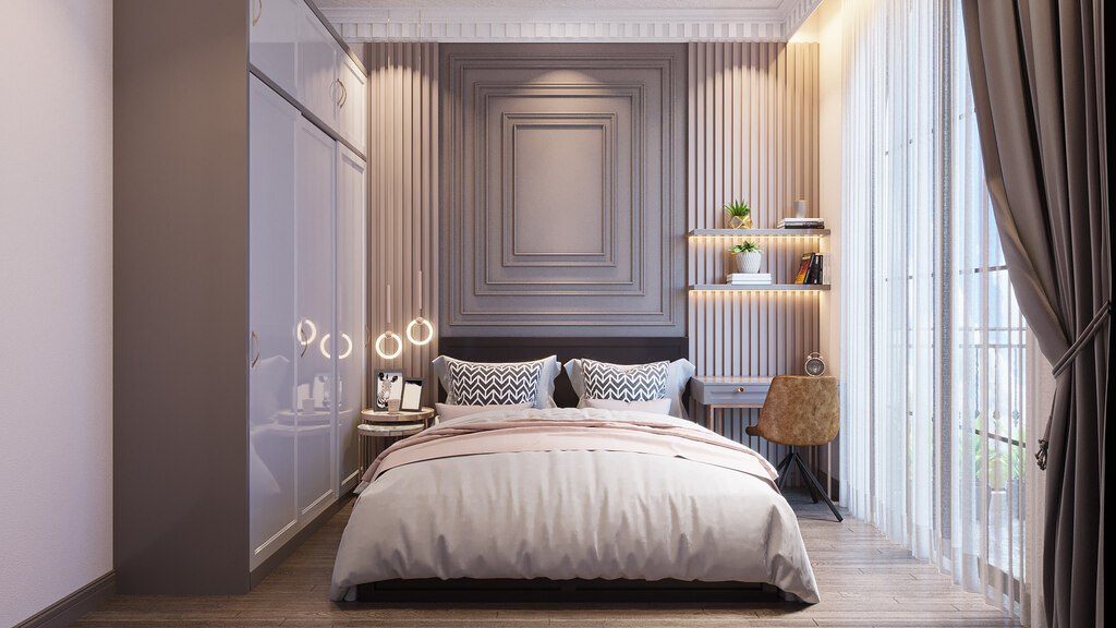 Không gian phòng ngủ được thiết kế tạo chiều sâu mang đến sự thông thoáng