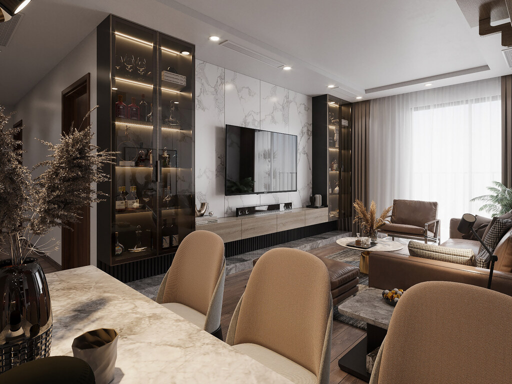 Không gian liền kề cho phòng khách và phòng bếp mẫu thiết kế nội thất căn hộ hiện đại