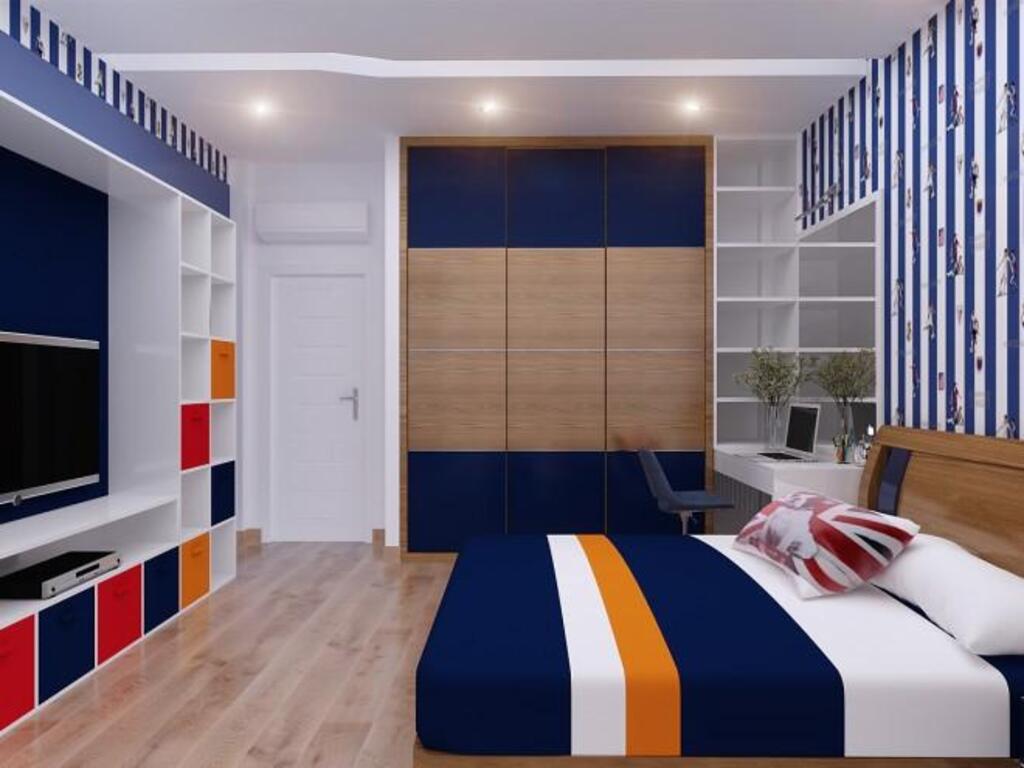 Phòng ngủ bé trai với lối trang trí màu sắc năng động, mạnh mẽ và cá tính