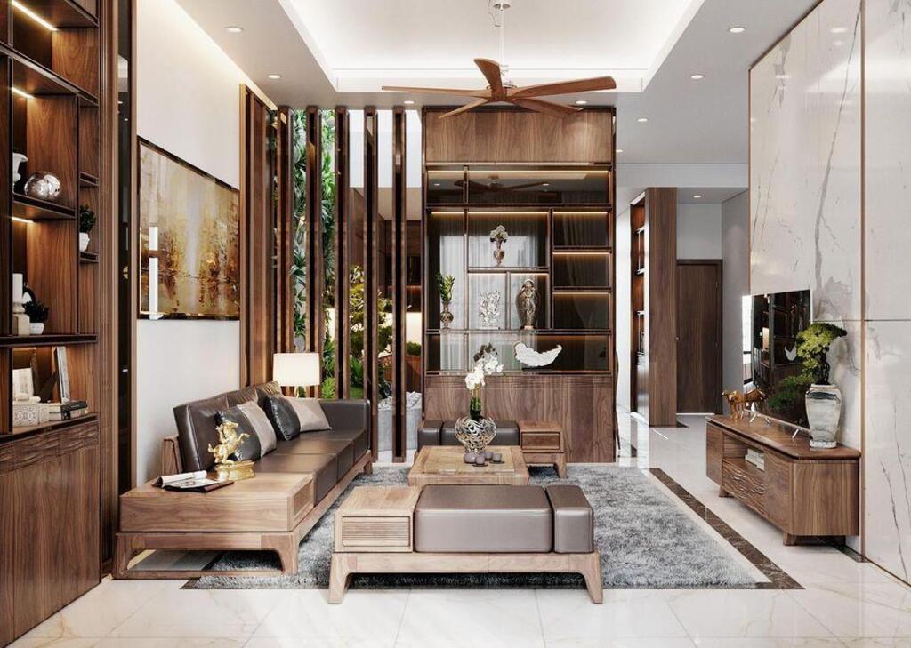 Bộ sofa gỗ với thiết kế đơn giản và hệ tủ gỗ đèn led làm nổi bật không gian