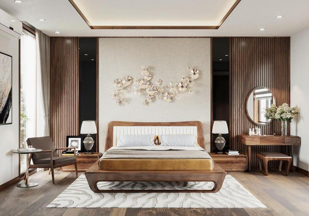 Phòng ngủ rộng rãi với điểm nhấn là vách nan ốp tường từ gỗ tự nhiên