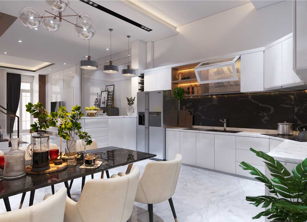 Cách bố trí và lựa chọn nội thất thông minh tạo nên sự hiện đại, tiện nghi cho căn bếp.
