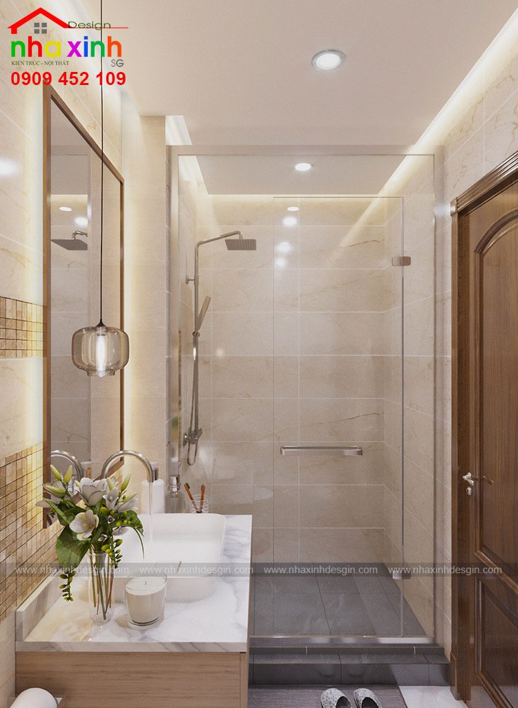 Khu vực tắm và nhà vệ sinh đặt 2 bên và ngăn cách nhau bởi tường kính