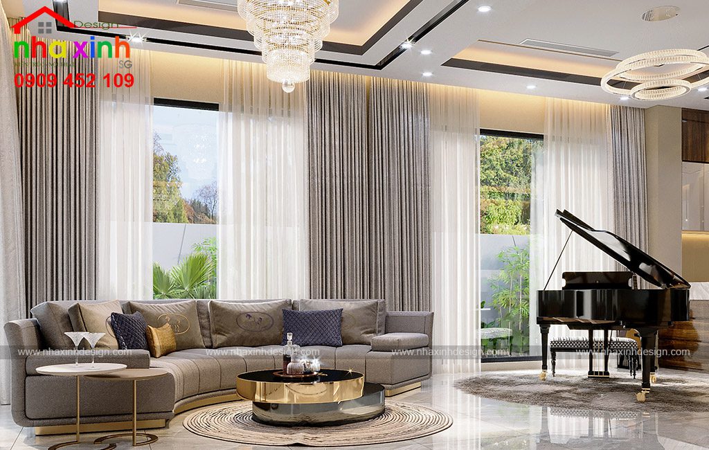 Phòng khách biệt thự hiện đại sử dụng tông màu sáng kết hợp đồ nội thất màu xám vàng sang trọng