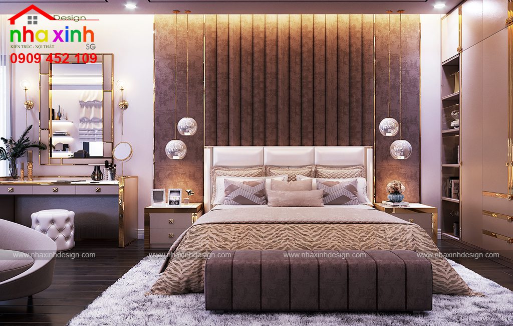 Phòng ngủ cho ông bà sử dụng tông màu trung tính ấm áp, thư giãn của căn biệt thự Nam Thông Phú Mỹ Hưng
