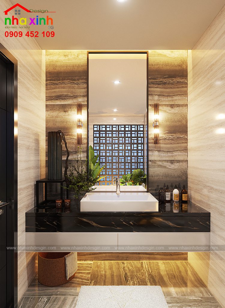 Phòng tắm hiện đại với thiết kế cửa sổ cùng cây xanh tạo điểm nhấn
