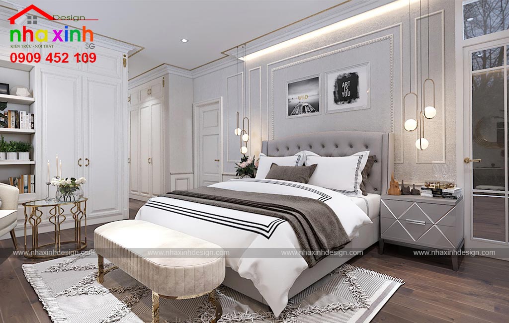Không gian phòng ngủ sử dụng tone màu trắng xám sang trọng, hiện đại