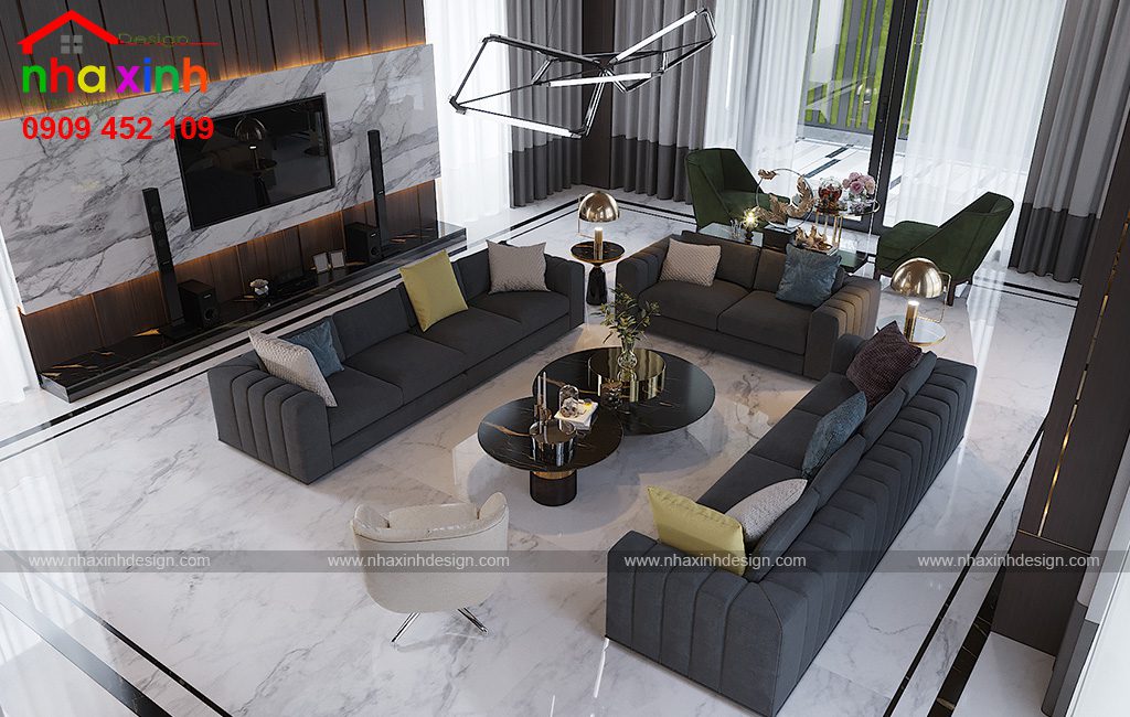 Bộ sofa có kích thước lớn cùng những phối màu ấn tượng tạo được điểm nhấn cho toàn bộ không gian phòng khách