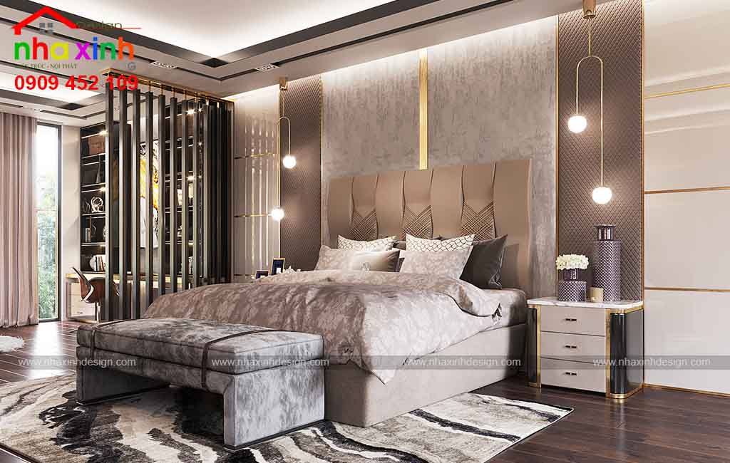 Phòng ngủ master phong cách tân cổ điển được phân cách thành nhiều khu vực riêng biệt