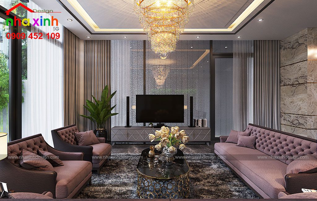 Phòng khách tân cổ điển sang trọng ấn tượng bởi thiết kế đèn chùm và bộ sofa hồng đất nổi bật
