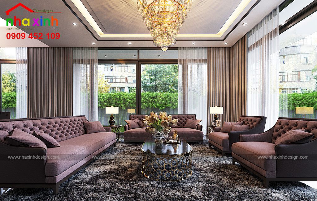 Phòng khách vô cùng rộng rãi với thiết kế cửa kính lớn cùng bộ sofa đẳng cấp