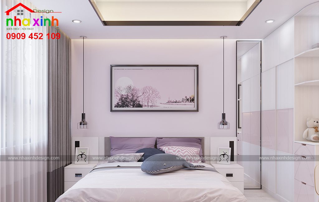 Phòng ngủ cho con gái màu tím trắng kết hợp nhẹ nhàng, tinh tế nhưng vô cùng ấn tượng