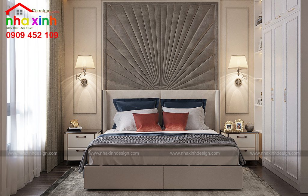 Mẫu phòng ngủ master được thiết kế với gam màu sang trọng và thanh lịch