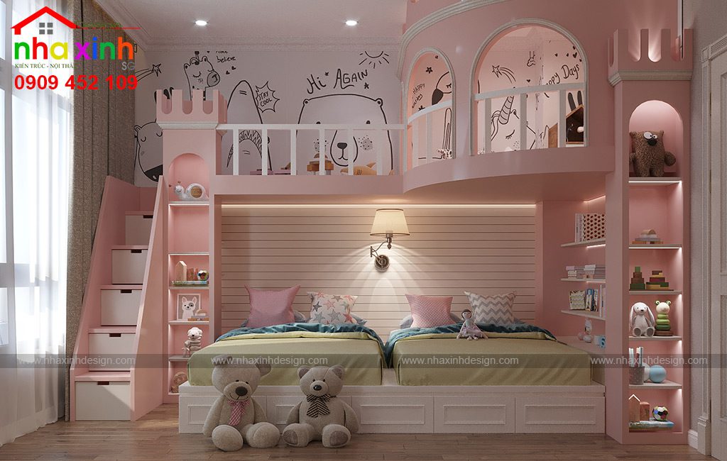 Thiết kế phong gian phòng ngủ cho 2 bé gái nổi bật với tone màu hồng trẻ trung