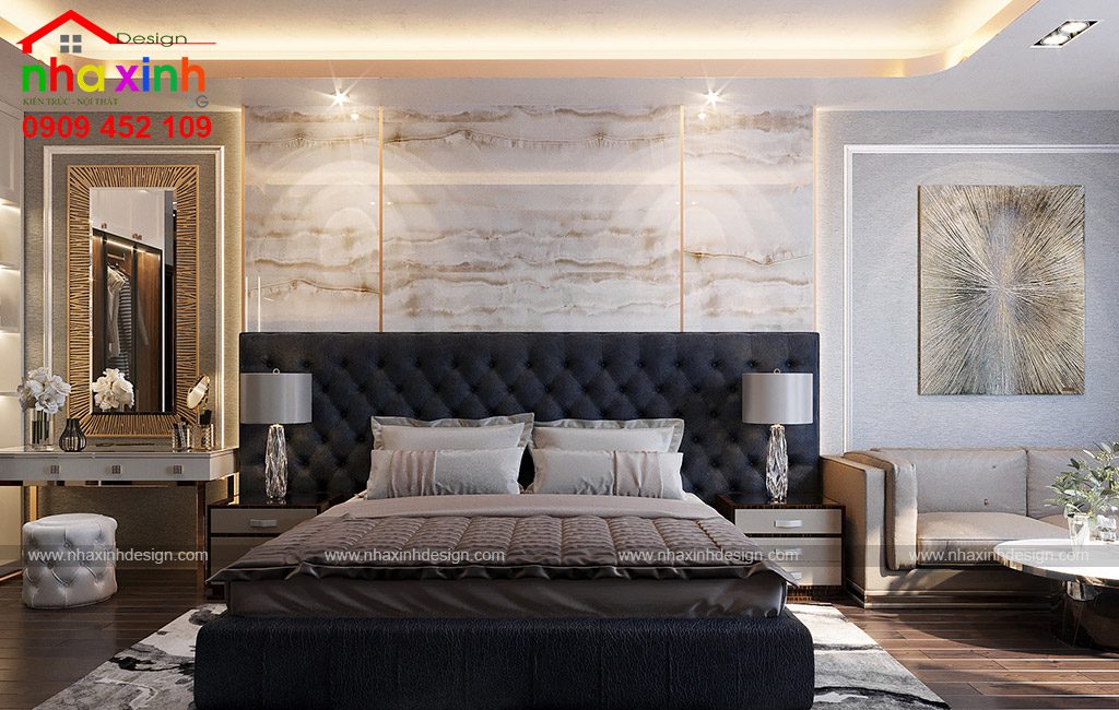 Phòng ngủ được thiết kế kết hợp gam màu trung tính nhẹ nhàng và thanh lịch