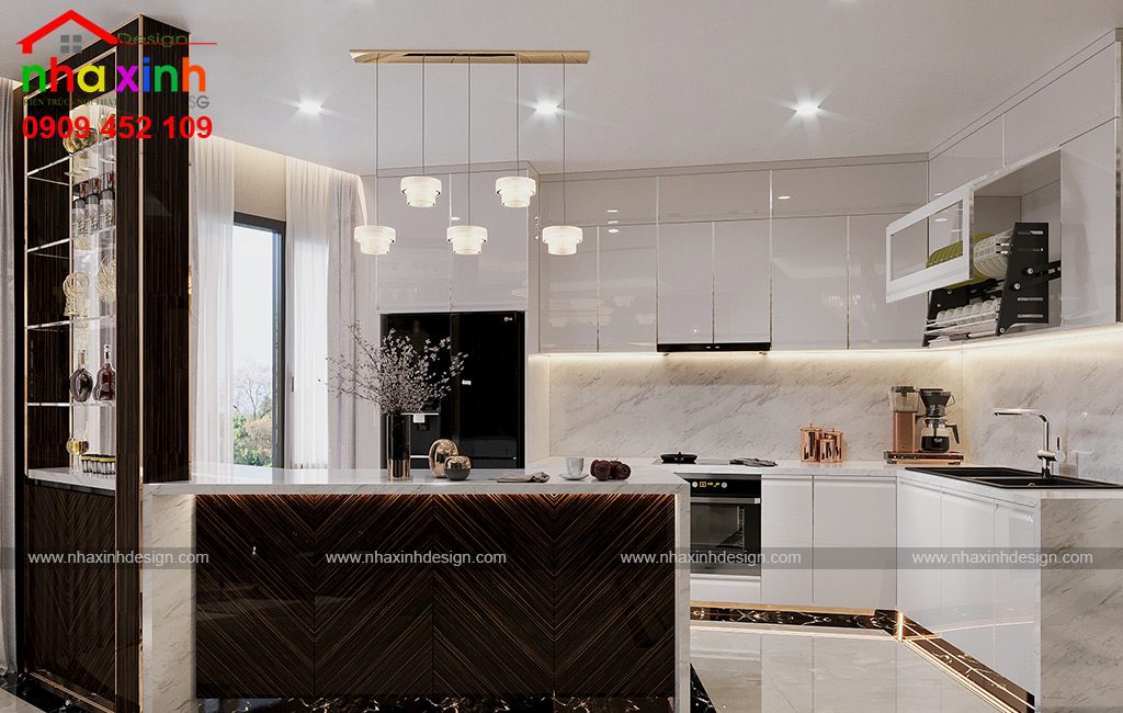 Phòng bếp sử dụng mẫu tủ bếp hình chữ G sử dụng tông màu trắng làm chủ đạo tận dụng tốt nguồn ánh sáng tự nhiên