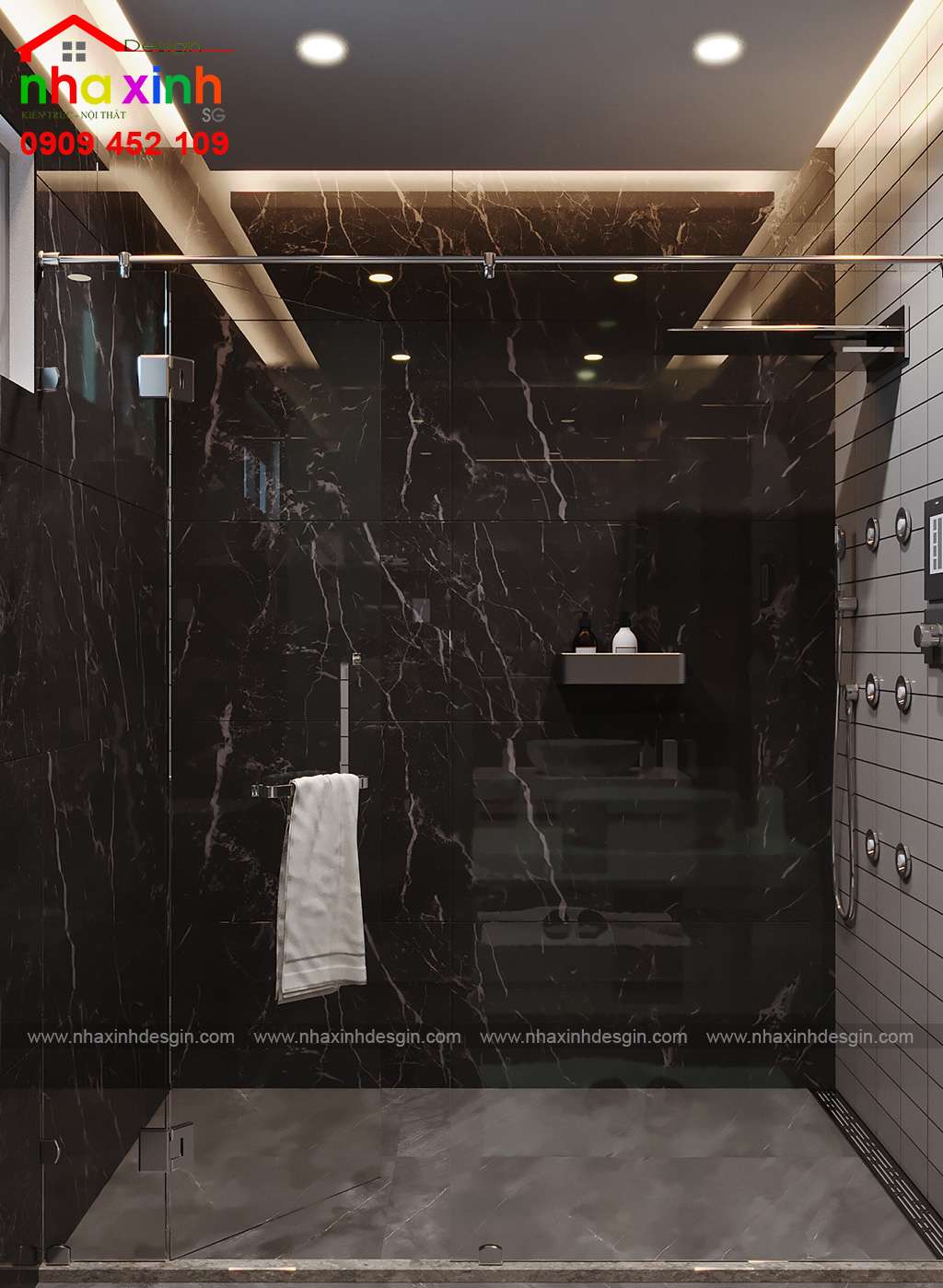 Phòng WC được thiết kế nổi bật với phần đá ốp cao cấp
