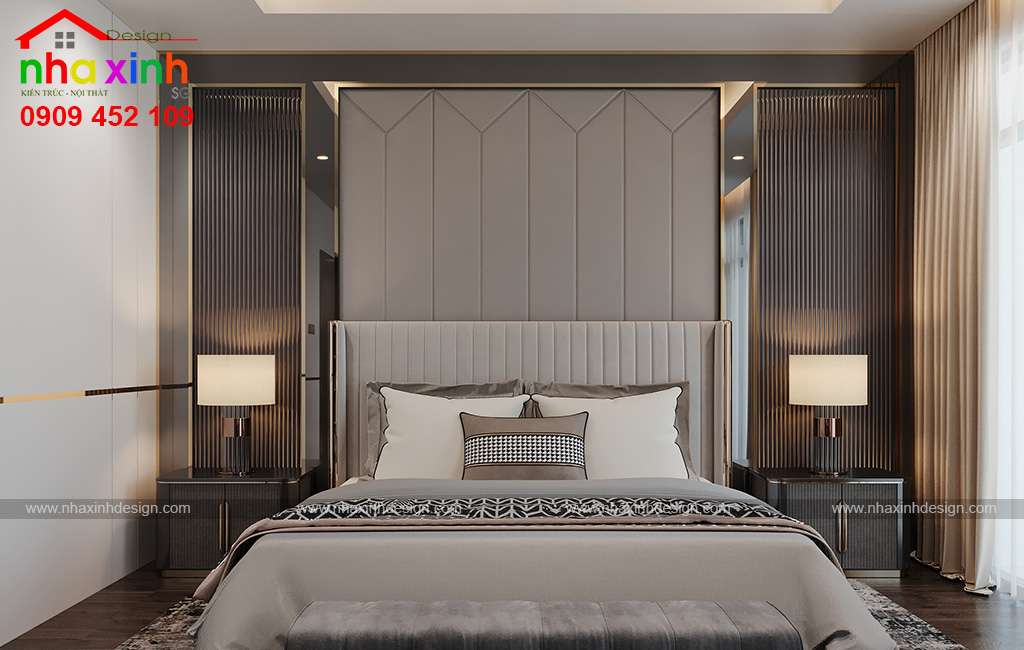 Mẫu thiết kế nội thất phòng ngủ master với gam màu sang trọng và thanh lịch