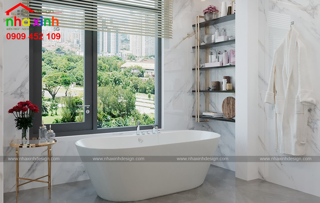 Khu vực bồn tắm được thiết kế với góc view đẹp tạo cảm giác thư giãn tuyệt vời